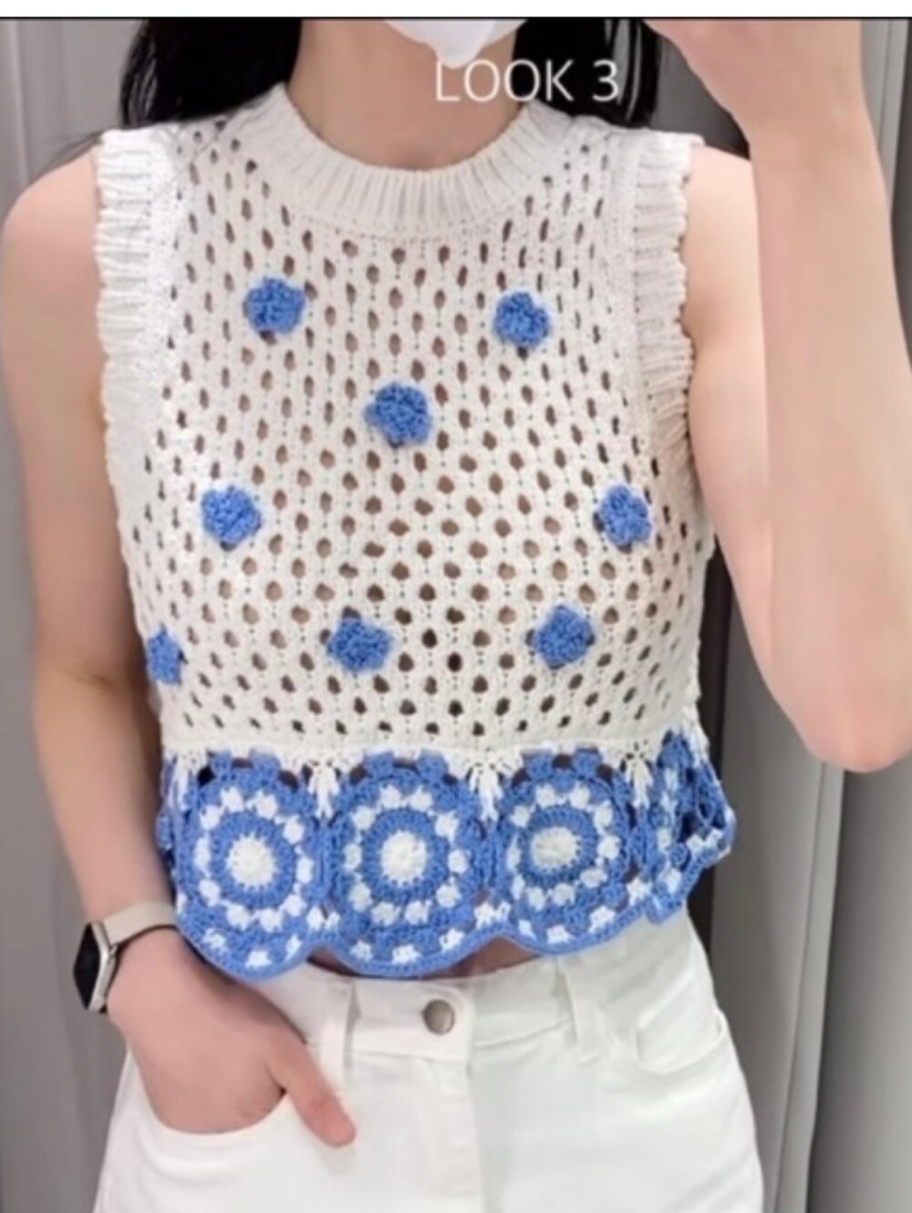 Zara White Crochet Crop Top with Blue Floral Accents